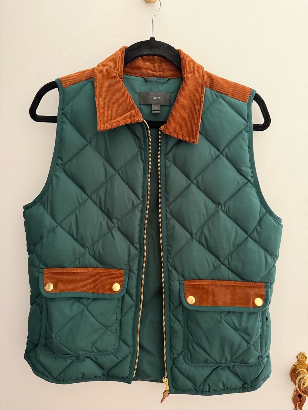 J. Crew Green Quilted Vest with Rust Corduroy Trim